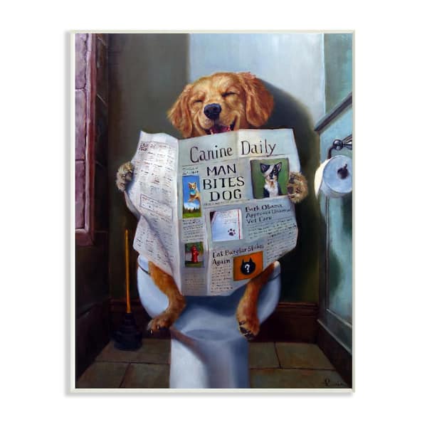 Stupell Industries 10 in. x 15 in. "Dog Reading the Newspaper On Toilet Funny Painting" by Artist Lucia Heffernan Wood Wall Art