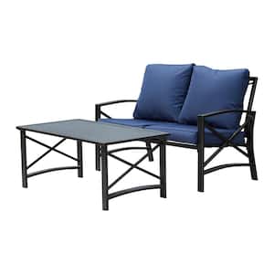 2-Piece Metal Patio Conversation Set with Blue Cushions