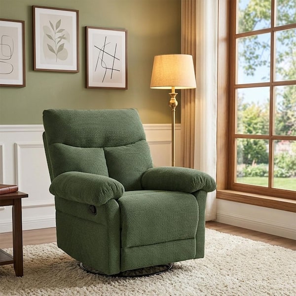 Modern Dark Green Fabric Upholstered Manual Swivel Rocker Recliner Chair with Overstuffed Cushions
