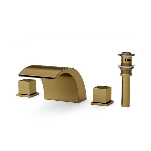 Modern Widespread 2-Handle Waterfall Bathroom Sink Faucet 3-Hole with Pop-Up Drain in Brushed Gold