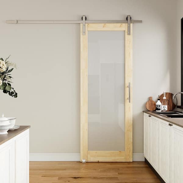 30 in. W. x 80 in. 1-Lite Frosted Glass Unfinished Solid Pine Wood Sliding Barn Door with Hardware Kit Nickel Plated