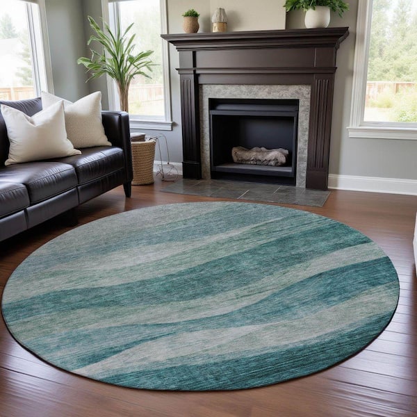 Mayfield Premium Machine Washable Abstract AMF1141 Seafoam 8 ft. x 8 ft. Round Rug