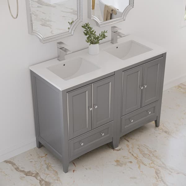 Oxford 48 in. Traditional Double Bath Vanity in Gray with Quartz Stone Vanity Top in White with White Basins