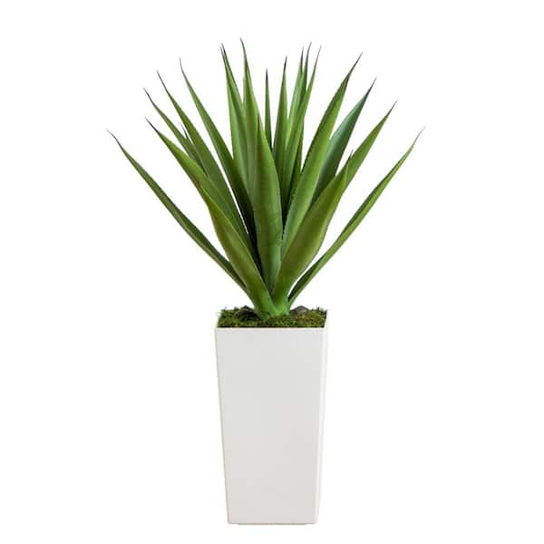 37in. UV Resistant Artificial Agave Plant in White Tower Planter (Indoor/Outdoor)