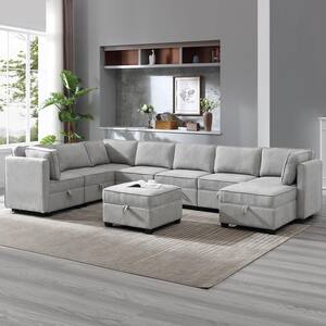 108.5 in. 9-Piece U Shape Modular Sectional Sofa Grey Linen Living Room Set Couch with Storage Ottoman