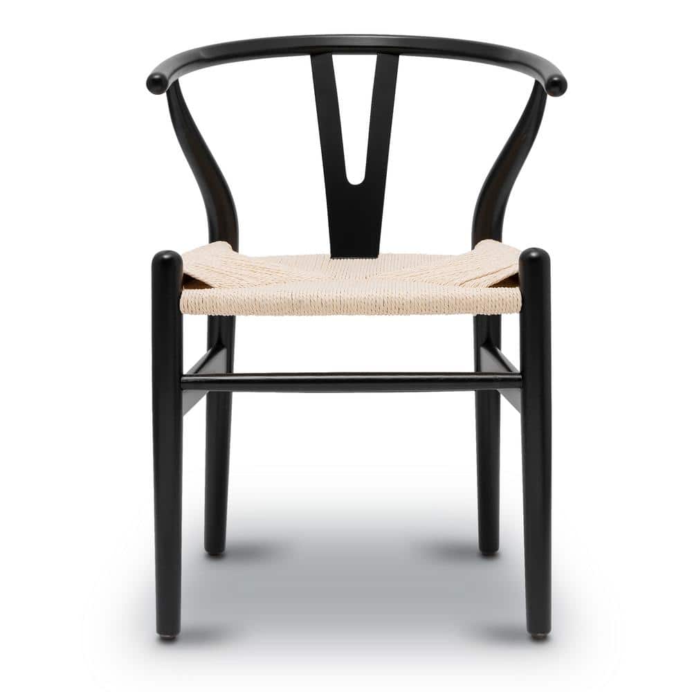 Black Wood Arm Chairs with Woven Seats, Set of 2