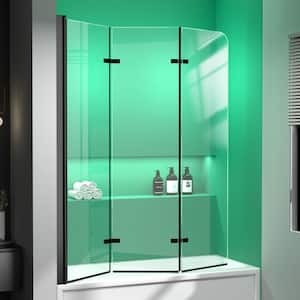 51.2 in. W x 59 in. H Pivot Fold Hinged Frameless Reversible Tub Door in Matte Black with Tempered Clear Glass