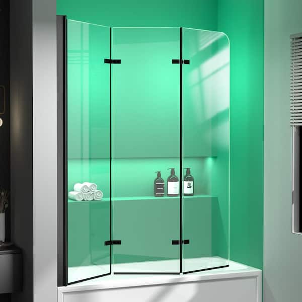 Getpro 51.2 in. W x 59 in. H Pivot Fold Hinged Frameless Reversible Tub Door in Matte Black with Tempered Clear Glass