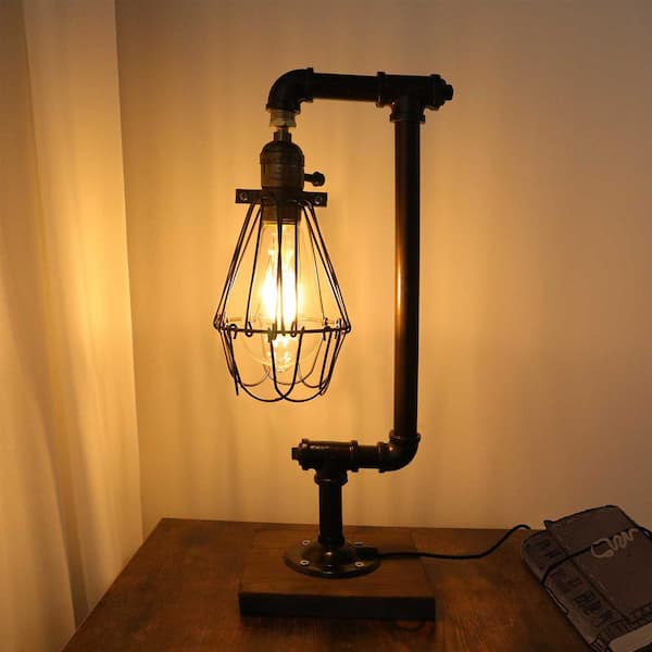 mill Penmanship escape LamQee 16 . 5 in. Industrial Bronze/Square Base Desk Table Lamp Steampunk  Water Pipe Light with Retro Caged Mental Shade 06FTL0148ABR - The Home Depot