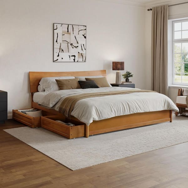 Harlowe Light Toffee Natural Bronze Wood Frame King Platform Bed with Storage Drawers