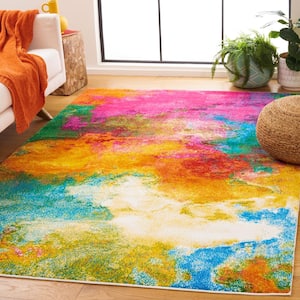 Watercolor Orange/Green 7 ft. x 7 ft. Square Abstract Area Rug