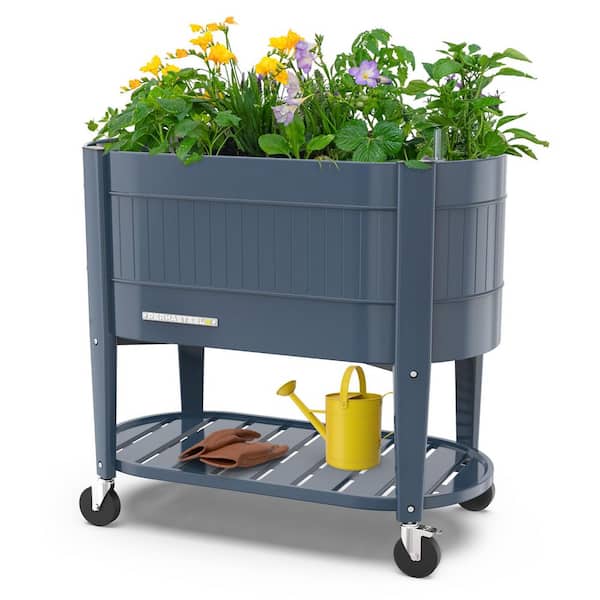 39 in. L x 19.25 in. W x 14.5 in. H Raised Steel Garden Bed with EnGrow TrueSoil Technology, Storage Shelf, Blue