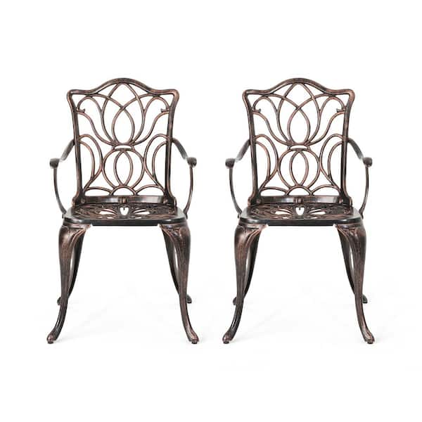 Noble House La Vista Black Copper Floral Cut Aluminum Outdoor Dining Chair (2-Pack)