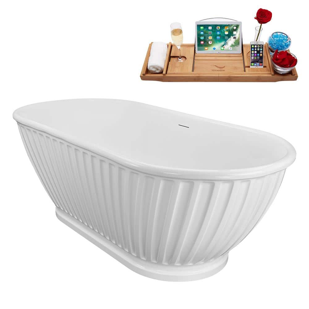 67" Glossy White Acrylic Freestanding Soaking Bathtub with Bamboo Tray