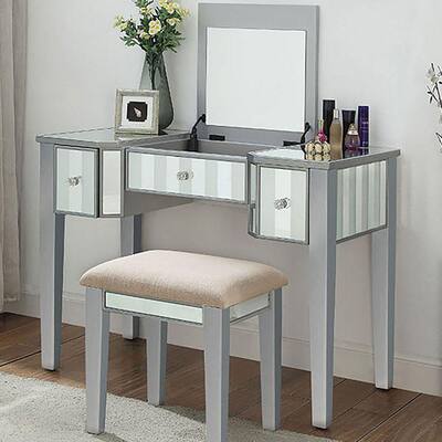 Silver Wooden Vanity Set With Stool, Vanity Desk Combo Black And Decker