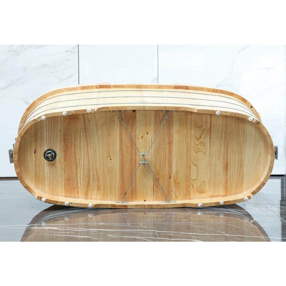 61'' Natural Oak Freestanding Soaking Bathtub with Cushion Headrest