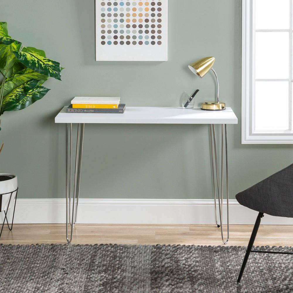 White Wood Writing Desk with Chrome Hairpin Legs, 42 Inch