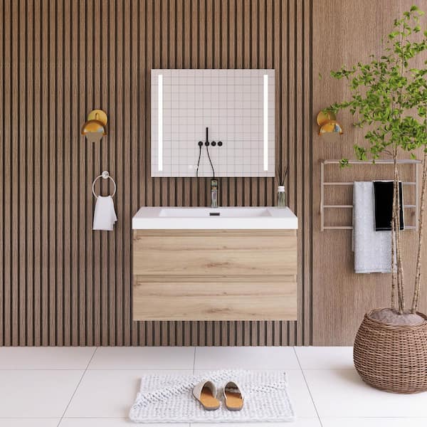 Staykiwi 35.5 in. W x 18.9 in. D x 21.7 in. H Single Sink Wall Mounted Bath Vanity in Natural Oak with White Cultured Marble Top