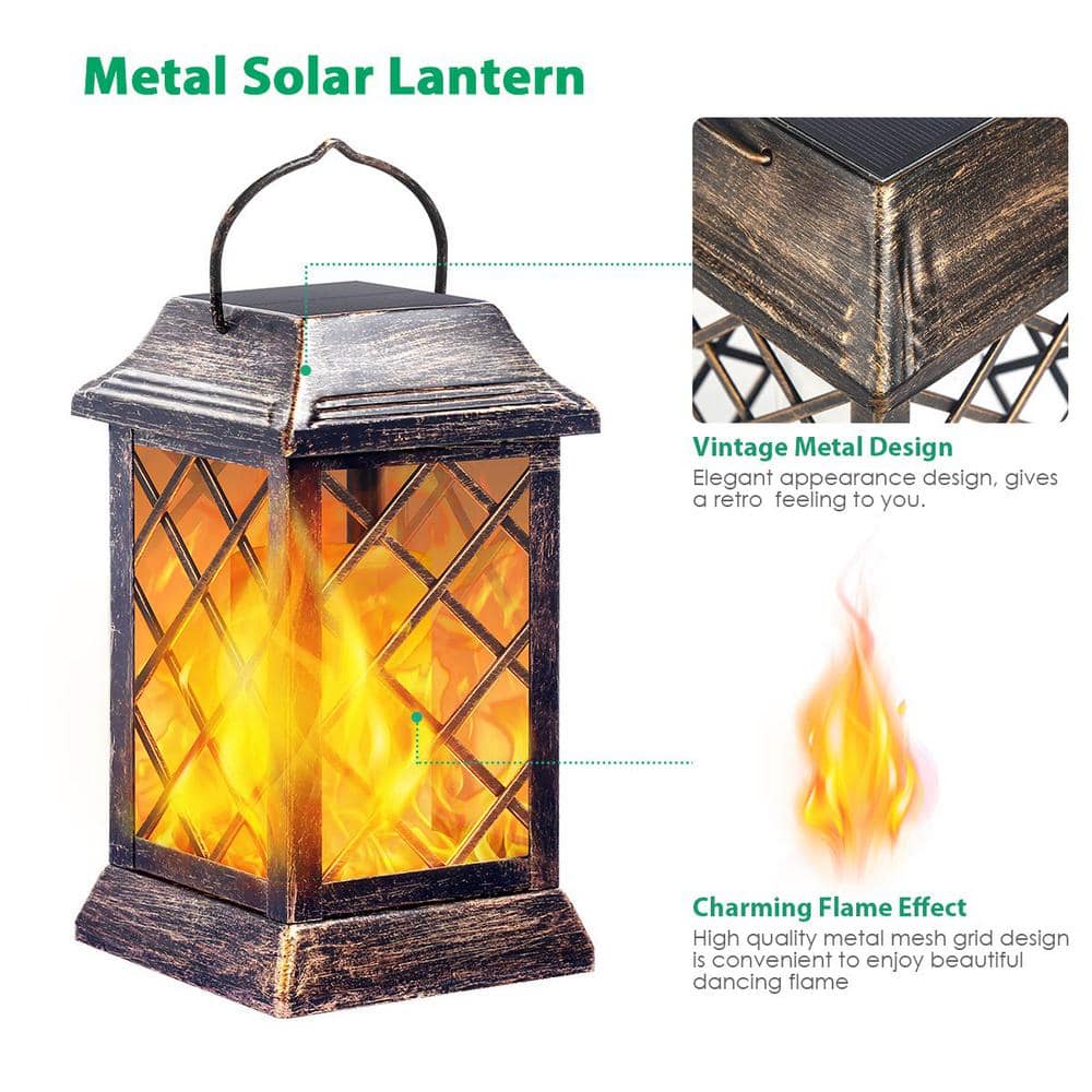 Bronze Outdoor Flickering Flame Metal Solar Lanterns, 2 Pack