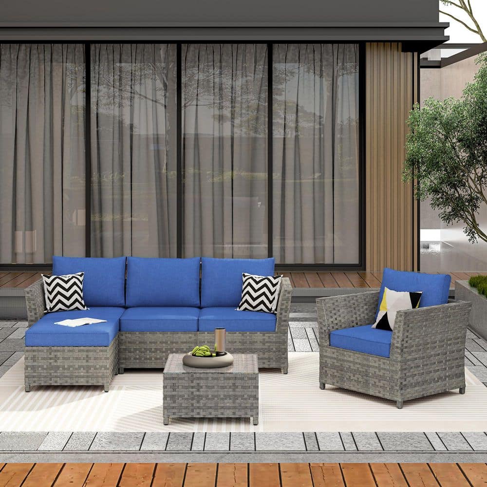 Oiseaubleu XIZZI Bella Gray 6-Piece Wicker Outdoor Sectional Set with Navy