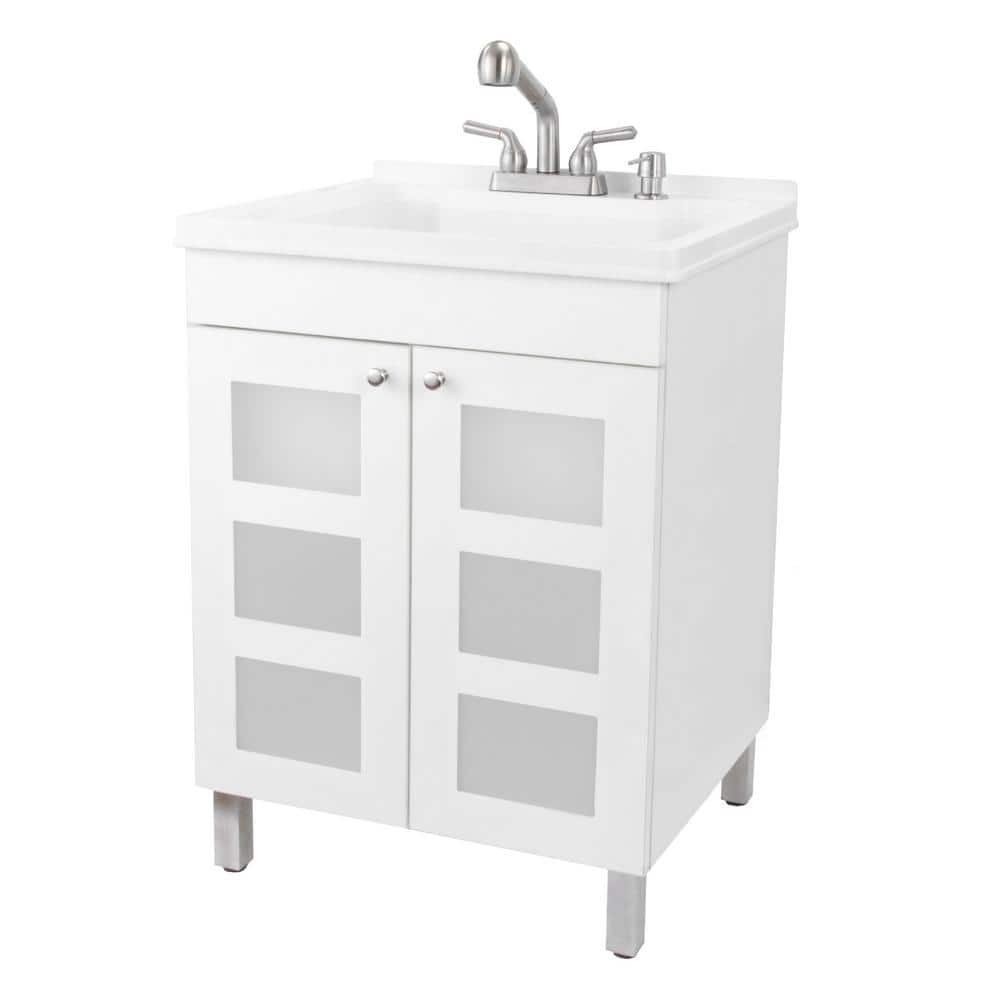 Tehila White Vanity Cabinet and White Utility Sink with Stainless Steel  Finish Low-Profile Pull-Down Faucet