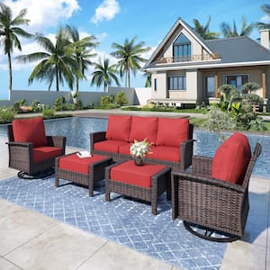 Black 5-Pieces Metal Patio Conversation Sectional Seating Set with Swivel Sofa Chairs, Ottoman and Red Cushions