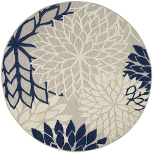 Aloha Ivory/Navy 5 ft. x 5 ft. Round Floral Modern Indoor/Outdoor Patio Area Rug