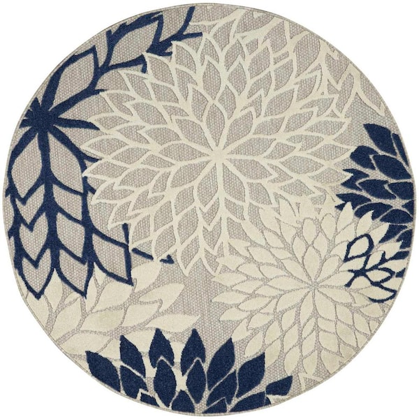Nourison Aloha Ivory/Navy 5 ft. x 5 ft. Round Floral Modern Indoor/Outdoor Patio Area Rug