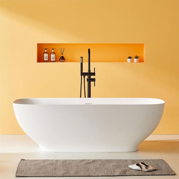 Abruzzo 63 in. x 29.5 in. FreeStanding Bathtub Solid Surface Soaking Bathtub with Drain and Overflow in Matte White