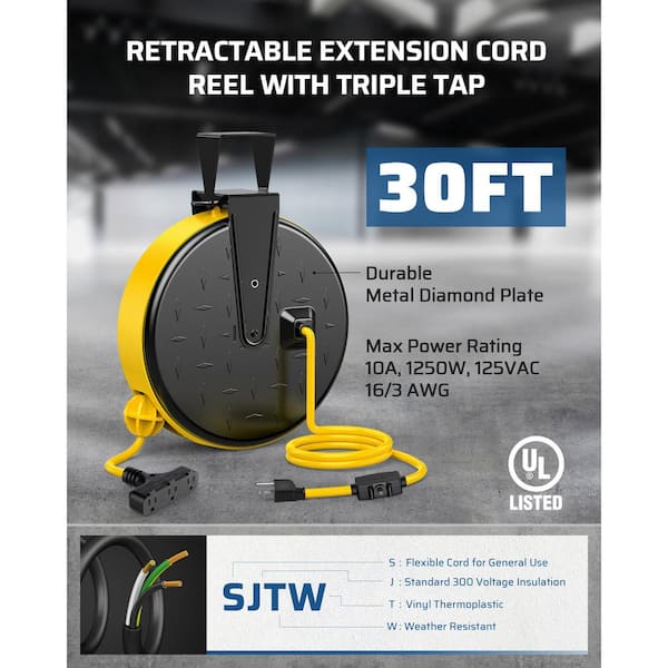 30 ft. 16/3 SJTW 10 Amp Retractable Extension Cord Reel with 3 Electrical Outlets, Metal Plate
