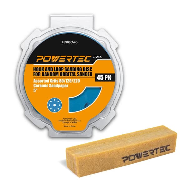 ‎POWERTEC 5 in. 80/120/220 Grit Ceramic Assorted Hook and Loop (45PK) for Orbital Sanders with Abrasive Cleaning Stick