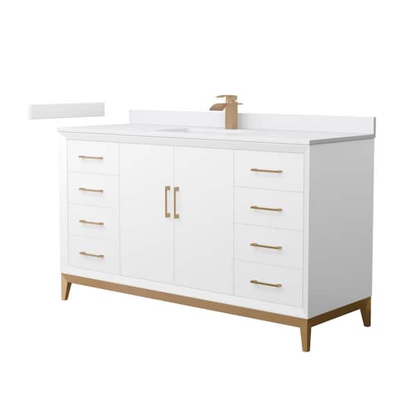 Wyndham Collection Amici 60 in. W x 22 in. D x 35.25 in. H Single Bath Vanity in White w/Satin Bronze Trim with White Cultured Marble Top