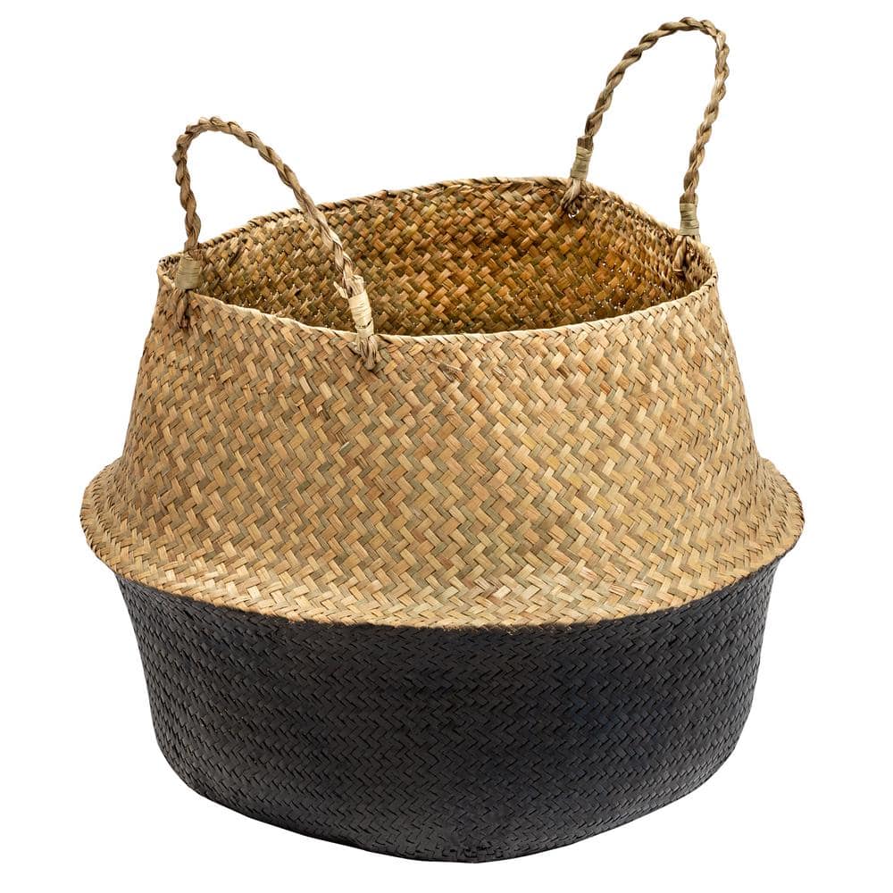 Modern Round Seagrass Folding Storage Baskets, Black & Natural