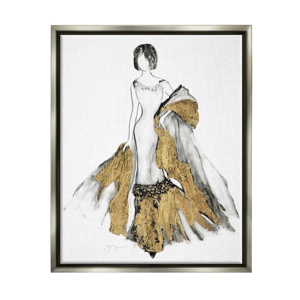 The Stupell Home Decor Collection Fashion Figure Drawing Female Glam Evening Gown Gold by Janet Tava Floater Frame People Wall Art Print 21 in. x 17 in.