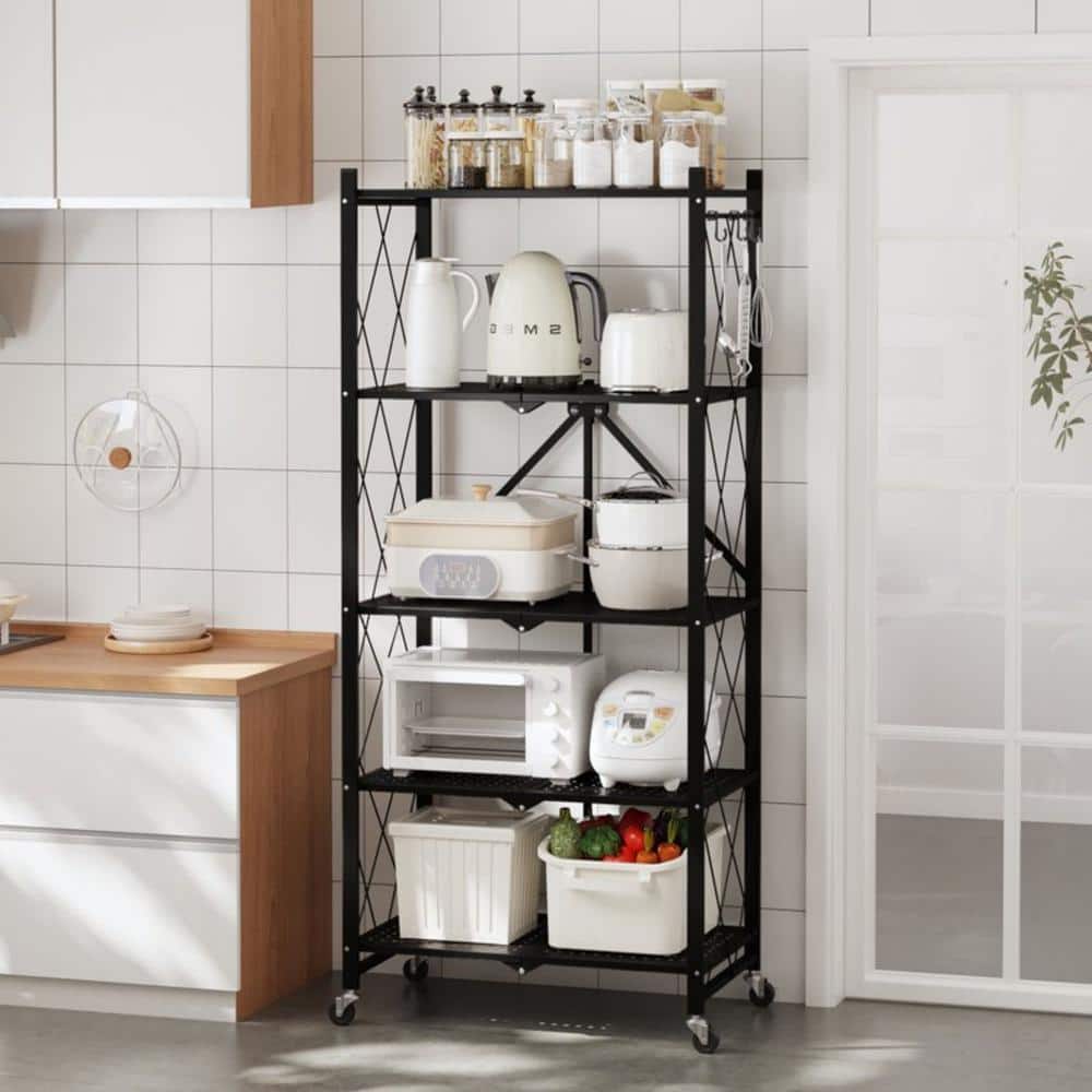 Storage Rack Containers Black 5-Tier Foldable Metal Storage Rack with 3 Hooks, Black Shelving Unit ...