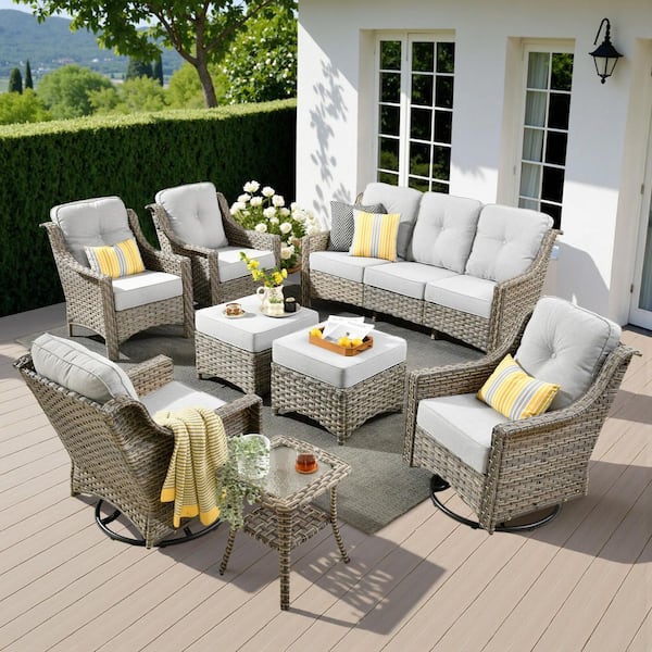 BlissHaven 8 Pieces Wicker Patio Conversation Seating Sofa Set with Grey Cushions and Swivel Rocking Chairs