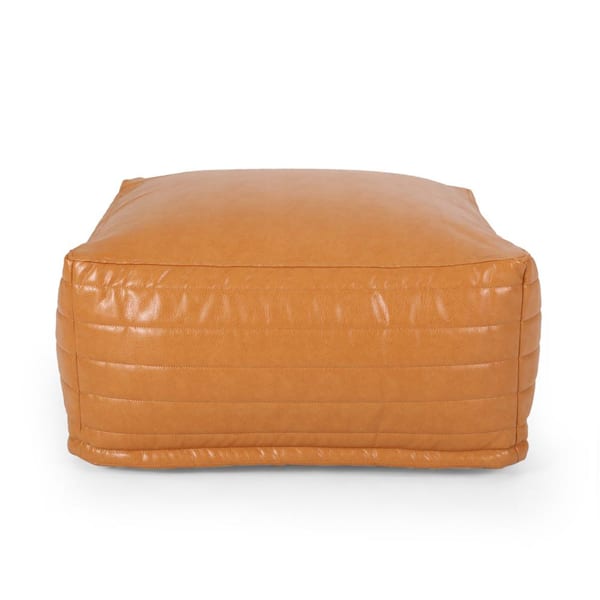 Noble House Mirics Caramel Channel Stitch Faux Leather Rectangular Pouf