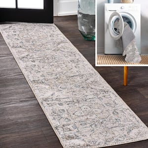 Cream/Light Gray 2 ft. x 8 ft. Edith Distressed Medallion Low-Pile Machine-Washable Runner Rug