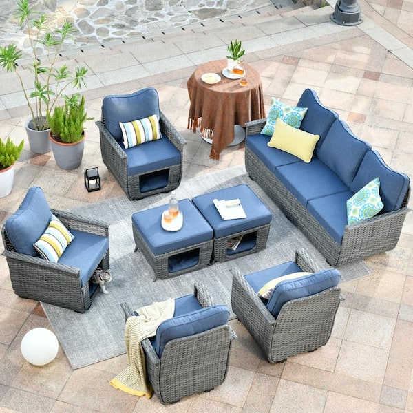 HOOOWOOO Echo Black 7-Piece Wicker Multi-Functional Pet Friendly Outdoor Patio Conversation Sofa Set with Denim Blue Cushions