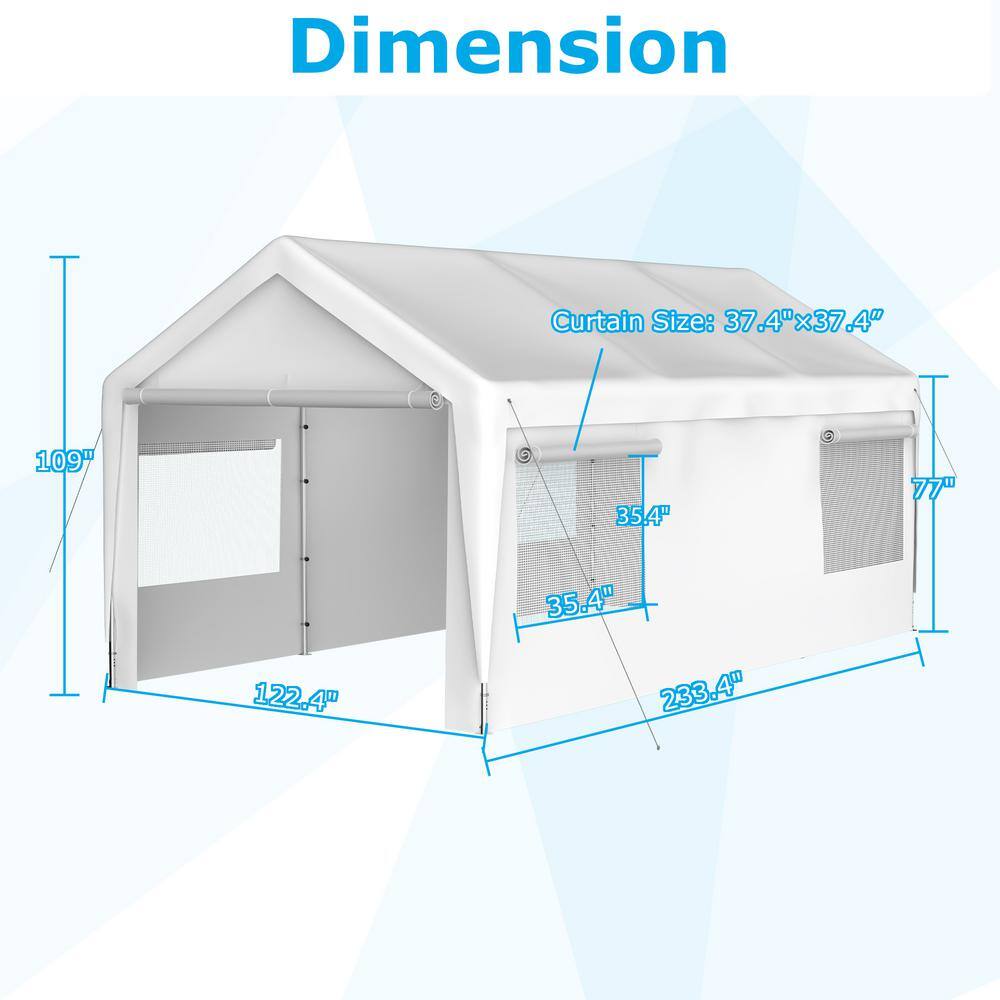 10' x 20' White Portable Steel Frame Carport with Windows