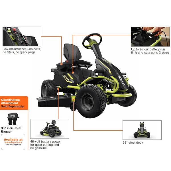 Ryobi 38 In 75 Ah Battery Electric Rear Engine Riding Lawn Mower Ry48110 The Home Depot