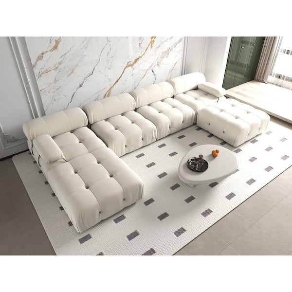 J&E Home 138.6 in. W Square Arm Velvet U Shaped Modular Free Combination Sofa with Ottoman in Beige