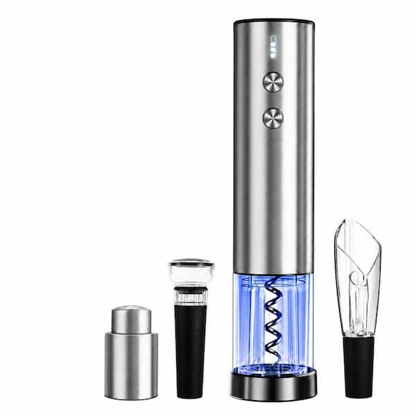 Stainless Steel Electric Wine Opener 4-Piece Set with Foil Cutter, Aerator, Vacuum Stopper and Gift Box