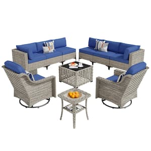 Thor 10-Piece Wicker Patio Conversation Seating Sofa Set with Navy Blue Cushions and Swivel Rocking Chairs