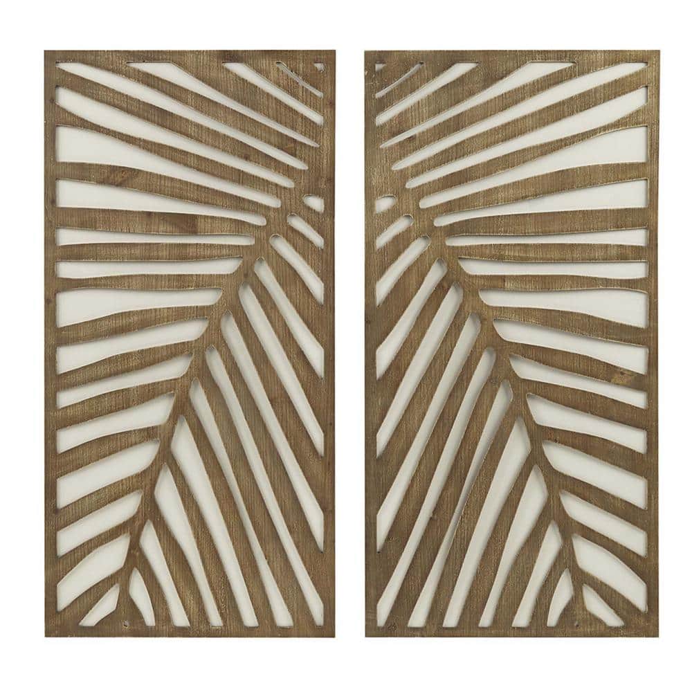 2-Piece 32 in. H x 16 in. W Brown Wood Birch Palms Carved Wall Panel Set Wa