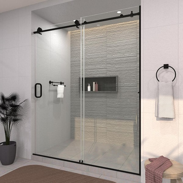 60 in. W x 76 in. H Sliding Semi-Frameless Shower Door in Matte Black Finish with Clear Glass