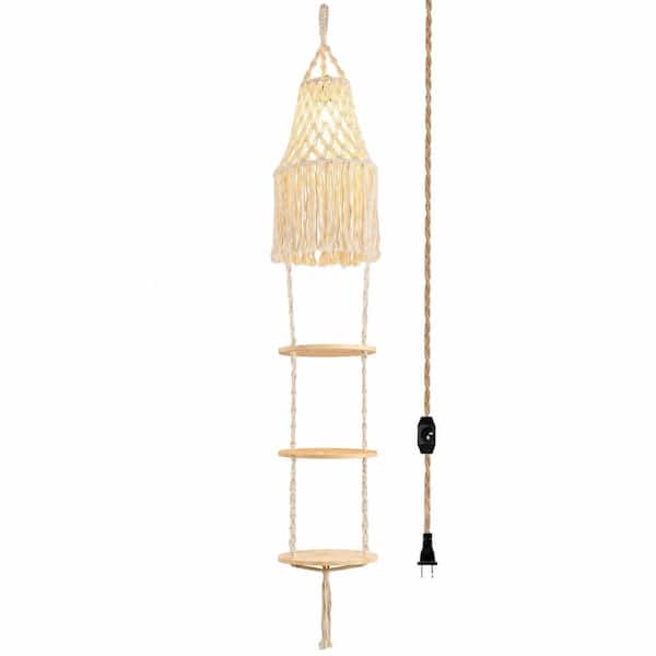 Boho Macrame Plug-In Pendant Light with 3-Tier Plant Shelf, 14.7 ft Hemp Rope Cord and Dimmable Switch
