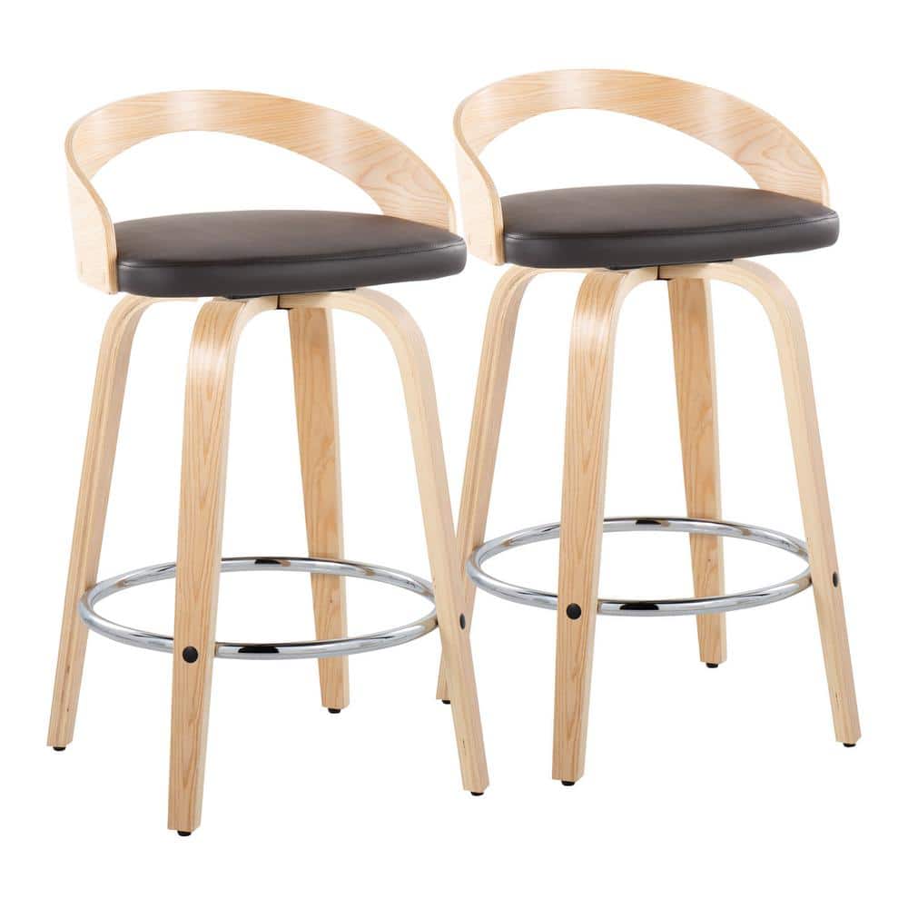 Natural Brown Chrome Swivel Wood and Leather Counter Stool
