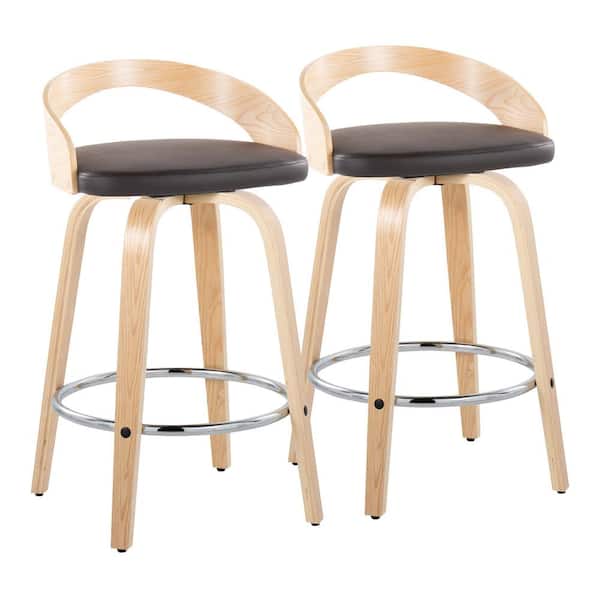 Lumisource Grotto 25.25 in. Brown Faux Leather, Natural Wood, and Chrome Metal Fixed-Height Counter Stool (Set of 2)
