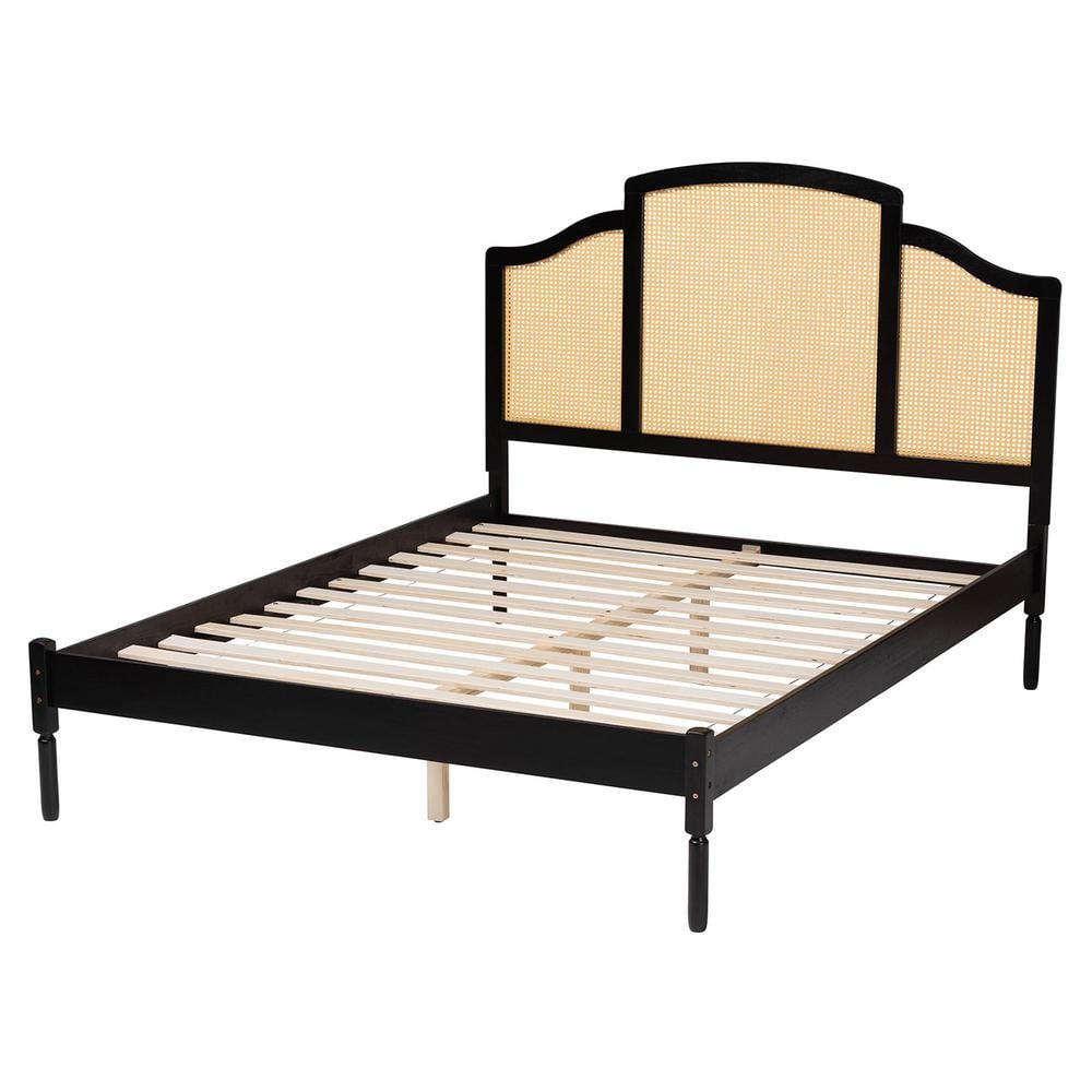 Queen Black Wood Platform Bed with Woven Rattan Headboard